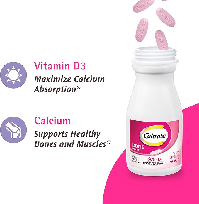 Caltrate 600 Plus D3 Calcium and Vitamin D Supplement Tablets, Bone Health Supplements for Adults - 60 Count (Pack of 4)