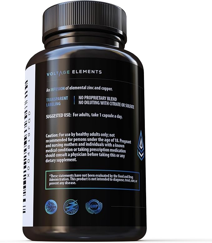 Voltage Elements Zinc Orotate + Bisglycinate Chelate 245mg with Copper: Muscle & Bone Health - Elemental Zinc 50mg (100 Servings) Vegan
