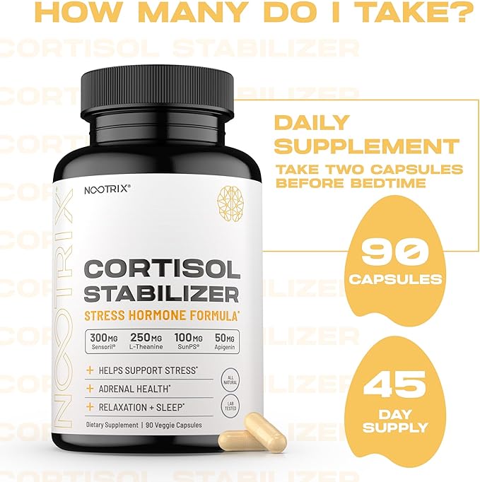 Cortisol Manager & Stabilizer Supplement | Supports Deep Sleep, Relaxation, Adrenal Health & Stress | 300mg Ashwagandha | L-Theanine, Rhodiola Rosea Extract & Apigenin | 90 Capsules