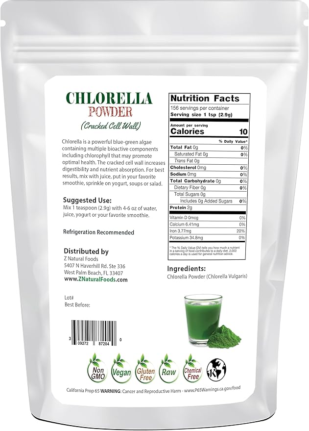 Z Natural Foods Chlorella Powder, Cracked Cell Wall Plant Protein, Blue Green Algae Superfood Powder, Perfect for Smoothies, Drinks, Recipes, Raw, Non GMO, Gluten Free, Vegan, 1 lb