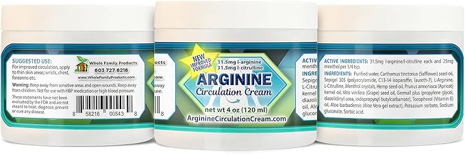 Arginine Circulation Cream 4 oz - Menthol, L Arginine & L Citrulline Lotion - Supports Healthy Leg & Body Blood Flow - Whole Family Products