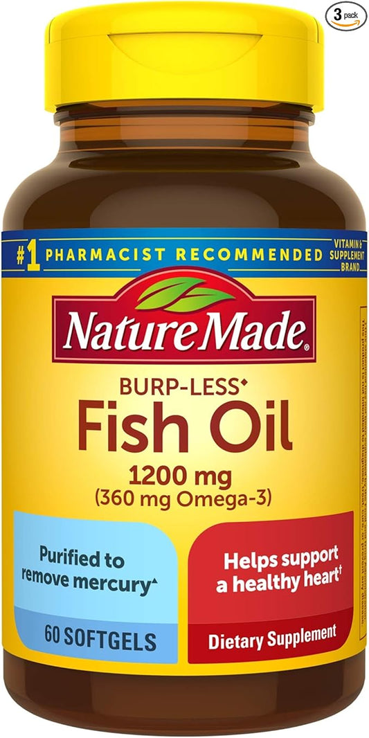 Nature Made Burp-Less Fish Oil 1200 mg, 60 Softgels, Fish Oil Omega 3 Supplement For Heart Health (Pack of 3)