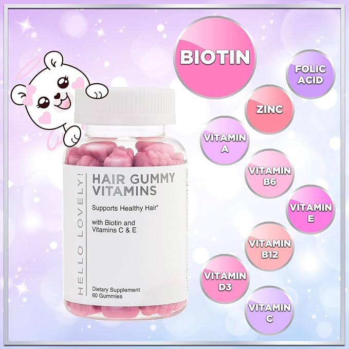 Hair Vitamins Gummies with Biotin 5000 mcg - Vitamin E, C & Zinc Support Hair Growth for Women & Men, Premium Vegetarian & Non-GMO, Stronger, Beautiful Hair, Skin & Nails Supplement - 60 Gummy Bears