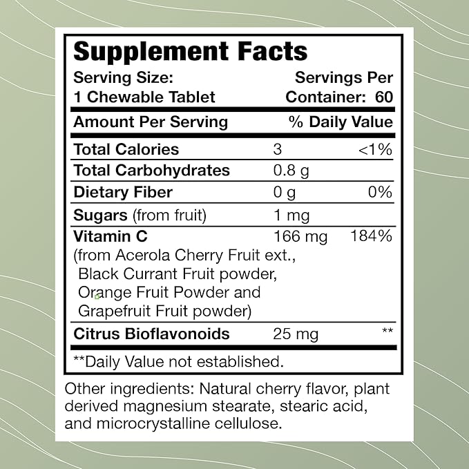 Optimal Health Systems Whole C Chewable | Potent Vitamin C from Whole Foods | Acerola Cherry, Orange Fruit, & Black Currant + Bioflavenoids | 60 Tablets