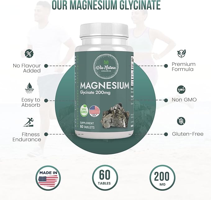Magnesium Glycinate 200 mg | Gluten Free | Non-GMO | 60 Tables by Via Natura Organics