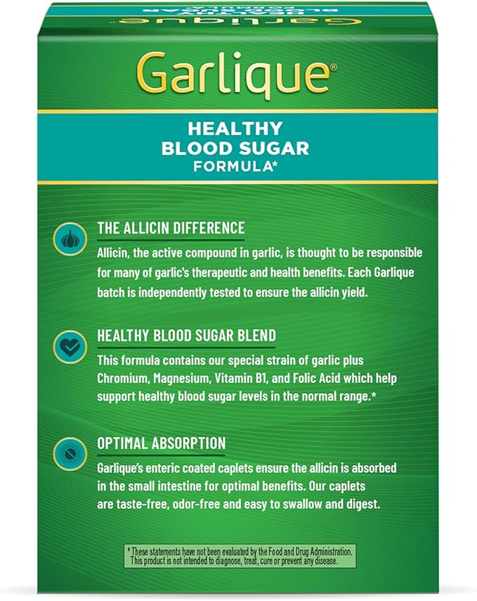 Garlique Garlic Extract Supplement, Healthy Blood Sugar Formula, 6000 mcg allicin, Odorless & Vegan, 60 Caplets