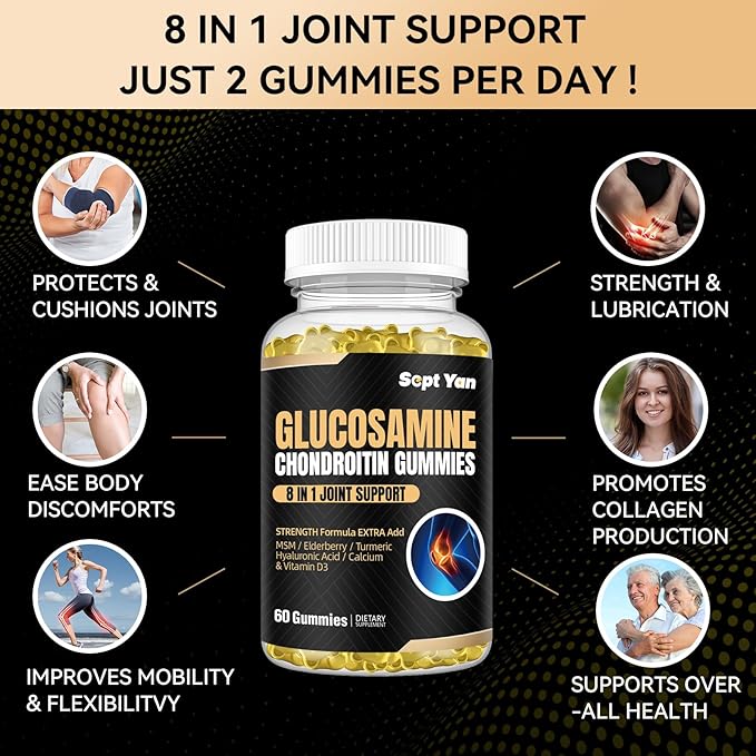 Glucosamine Chondroitin Gummies - 60 Joint Support Supplements - 1500mg Extra Strength with MSM, Elderberry, Turmeric - Cartilage & Immune Support for Adults, Men & Women Vegan - Easy to Swallow