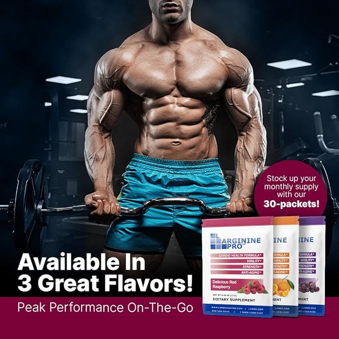 L-ARGININE PRO Supplement Powder | 60 Packets Single Serve Travel Size | 5,500mg of L-arginine Plus 1,100mg L-Citrulline, Raspberry
