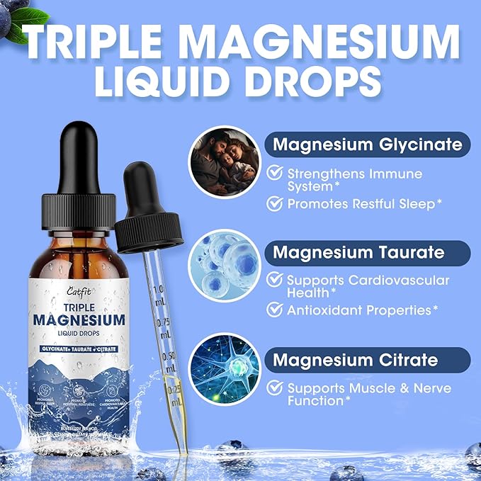 Magnesium Glycinate Liquid Drops 500mg with Taurate & Citrate for Women, Liquid Magnesium Supplement with Potassium & Omega3 for Sleep, Calm and Relax, High Absorption, Blueberry Flavor, 2 Fl Oz