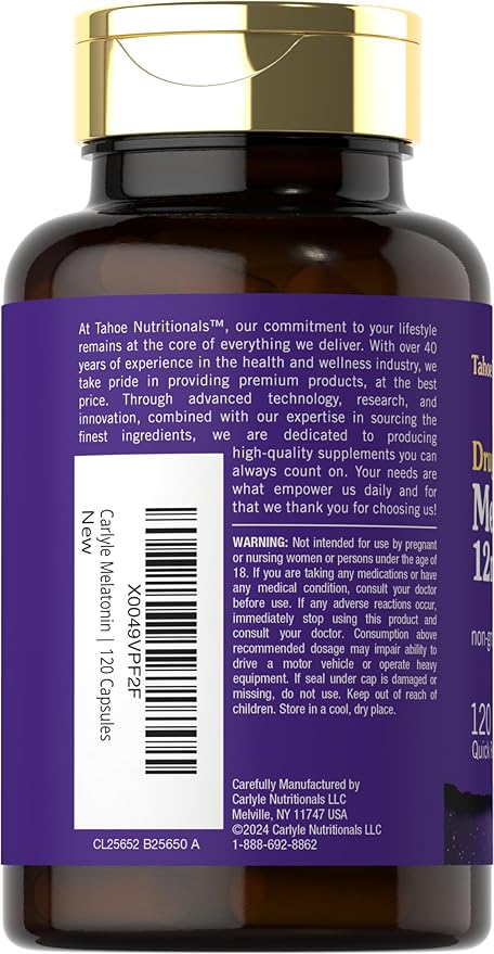 Tahoe Nutritionals Melatonin 12 mg | 120 Quick Release Capsules | Drug Free Supplement | Non-GMO, Gluten Free