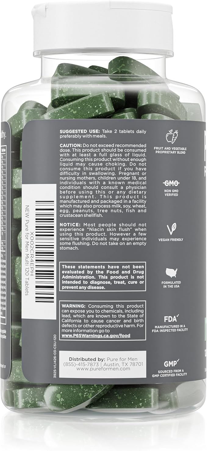 Pure for Men Multivitamin Supplement | Energy, Mood Support, Strong Bones, Antioxidants, Minerals | Vitamins A, B, C, D, Magnesium, Calcium | 42 Fruit & Vegetable Proprietary Blend | 120 Vegan Tablets