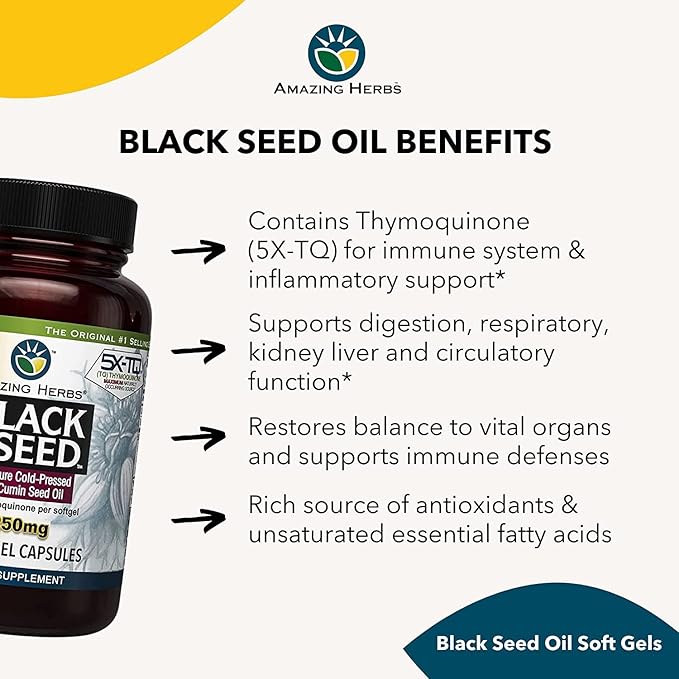 Amazing Herbs Premium Black Seed Oil Capsules - High Potency, Cold Pressed Nigella Sativa Aids in Digestive Health, Immune Support & Brain Function - 60 Count, 1250mg (Pack of 2)