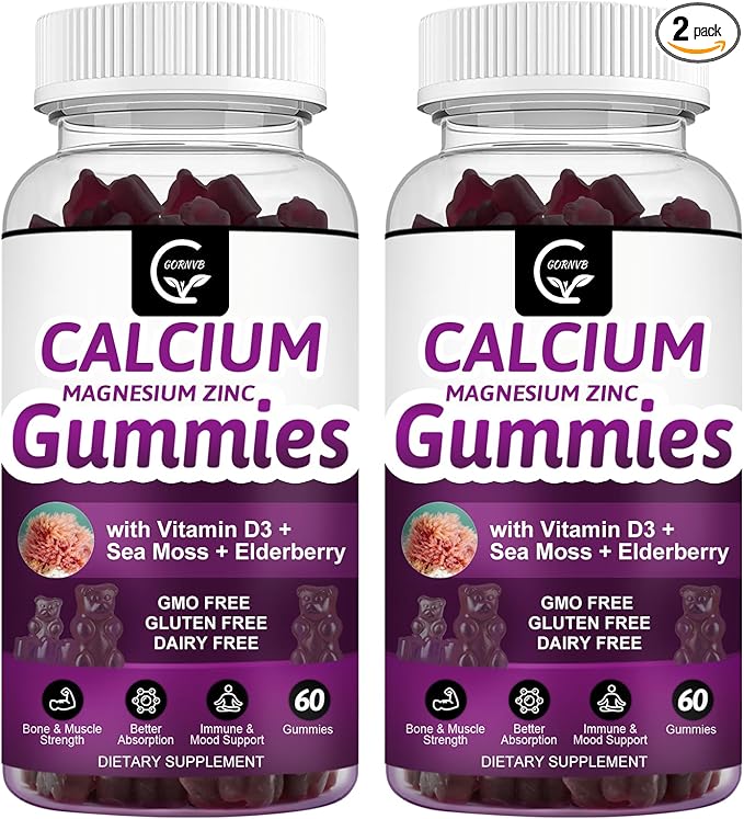 Calcium Magnesium Zinc Gummies with High Absorption Magnesium Glycinate Potassium - Plant Complex Calcium Magnesium 2:1 Ratio, with D3 Sea Moss for Bone, Muscles, Immune & Sleep Support, Vegan-2 Pack