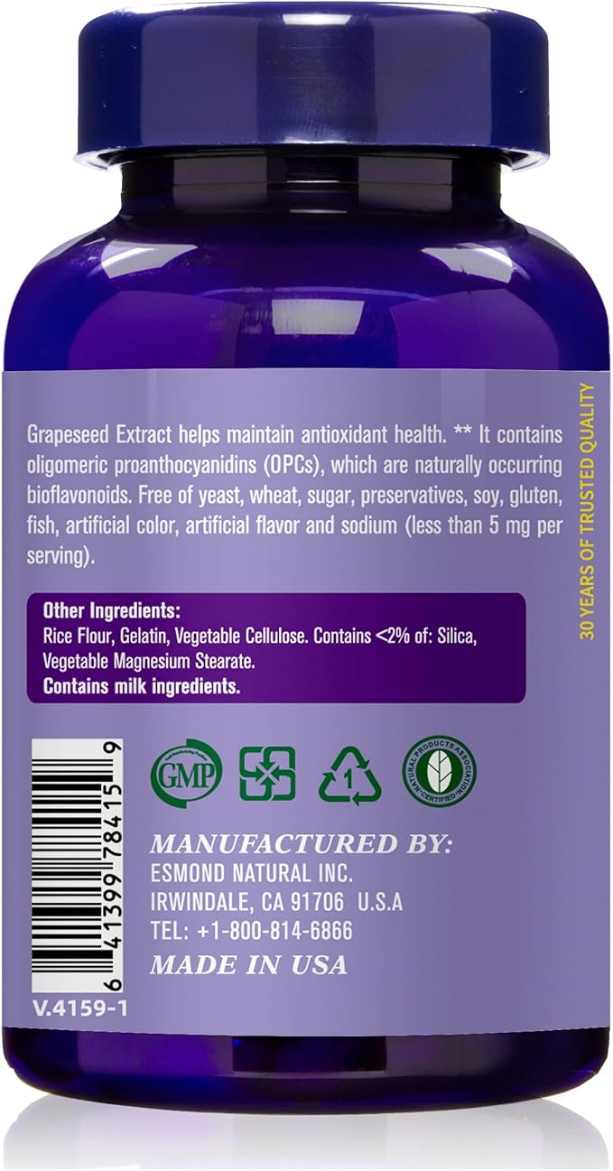 Grapeseed Extract (Helps Maintain Antioxidant Health), GMP, Natural Product Assn Certified, Made in USA - 400mg, 60 Capsules