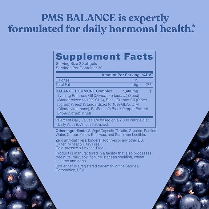 Eu Natural Balance PMS Vitamins for Women - Hormone Balance for Women, Menstrual Support - Primrose Oil, Black Seed Oil & DIM - 60 Liquid Softgels