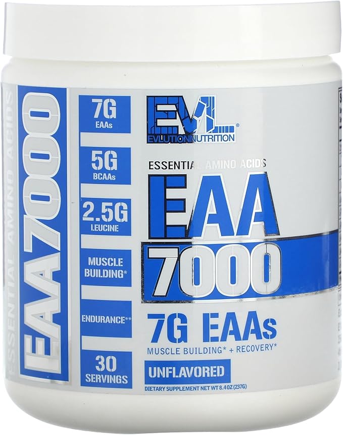 Evlution Nutrition EAA7000 - Pre & Post Workout Powder - Muscle Building + Recovery Supplement - 7g Essential Amino Acids + 5g BCAAs - Endurance + Energy Support - 30 Servings - Unflavored