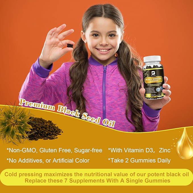 Black Seed Oil & Sea Moss Gummies, Organic Irish Sea Moss Gummies with Ashwagandha, Black Seed Oil, Elderberry, Turmeric, Vitamin D3/C and Zinc - Support Joints, Digestion, Hair & Skin