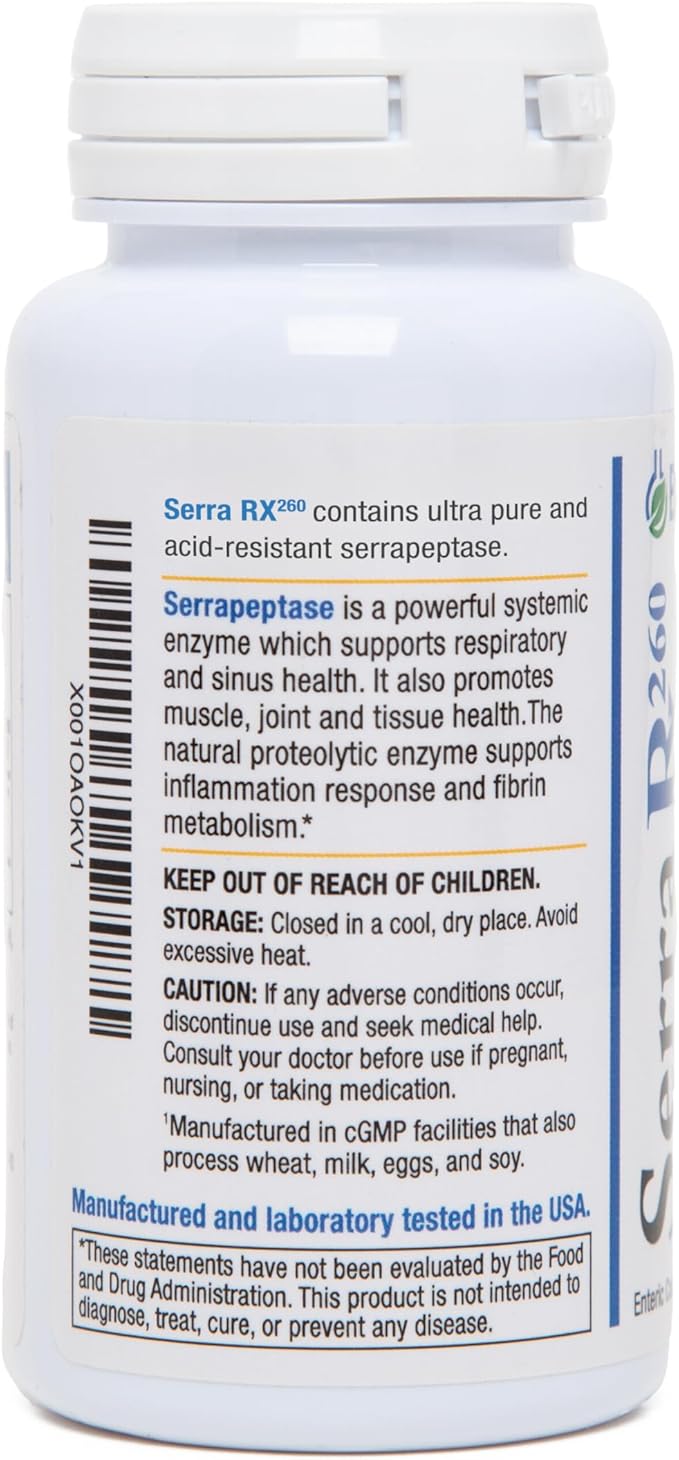 Serra-RX 260,000 SU Serrapeptase -Acid-Resistant Proteolytic Systemic Enzyme, Non-GMO, Gluten Free, Vegan, Supports Sinus, Immune & Lung Health, 60 Veg Capsules