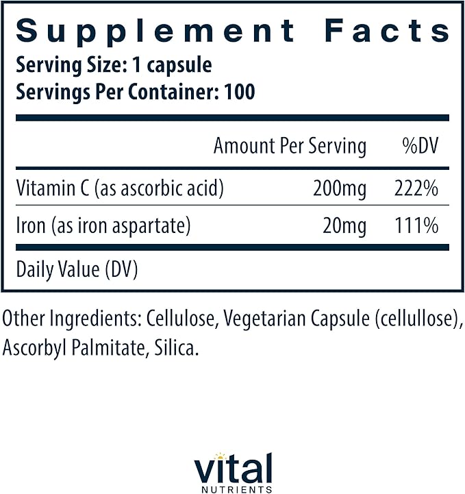 Vital Nutrients Iron Plus C | Vegan Iron Supplement | 20mg Iron with 200mg Vitamin C to Increase Iron and Energy Levels | Gluten, Dairy, Soy Free | Non-GMO | 100 Capsules
