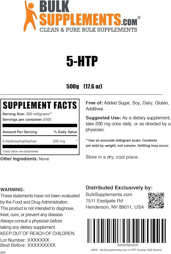 BulkSupplements.com 5-HTP Powder - 5-Hydroxytryptophan, 5 HTP Supplement - 5-HTP 200mg, Mood Support Supplement - Gluten Free, 200mg per Serving, 500g (1.1 lbs) (Pack of 1)