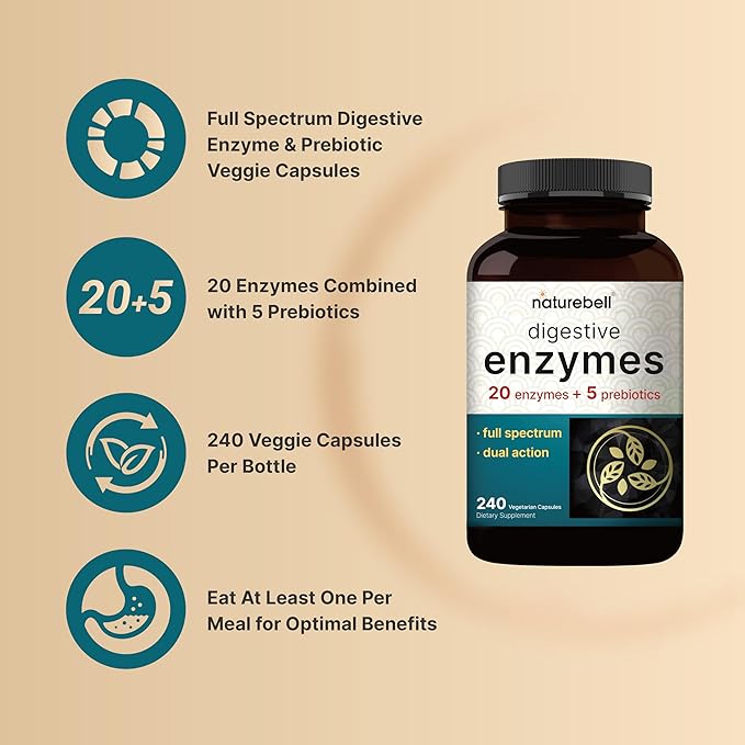 Digestive Enzymes with Probiotics and Prebiotics, 240 Veggie Capsules | Gut Health Support for Women & Men – 20 Enzyme & 5 Prebiotic Pancreatic Complex | Non-GMO, Vegan