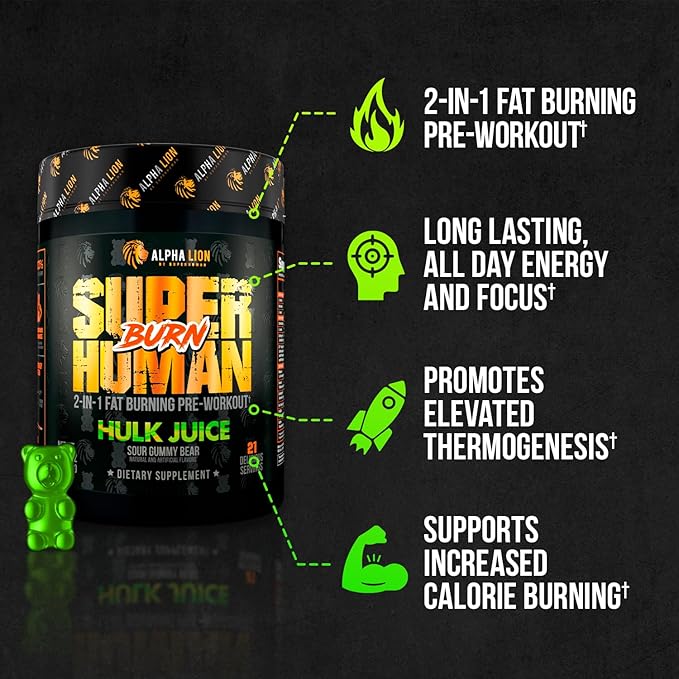 ALPHA LION Superhuman Burn 2-in-1 Metabolism Booster Pre Workout, Weight Loss Supplement, Appetite Suppressant, Fat Loss Support, Energy & Focus Powder (21 Servings, Hulk Juice)