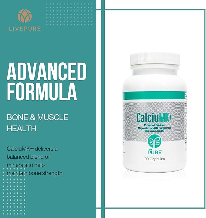 LivePURE CalciuMK+ Capsules | 90ct | Supports Bone Strength, Collagen Production & Joint Flexibility | Non-Dairy, Lactose-Free Calcium Supplement for Skeletal & Cartilage Health