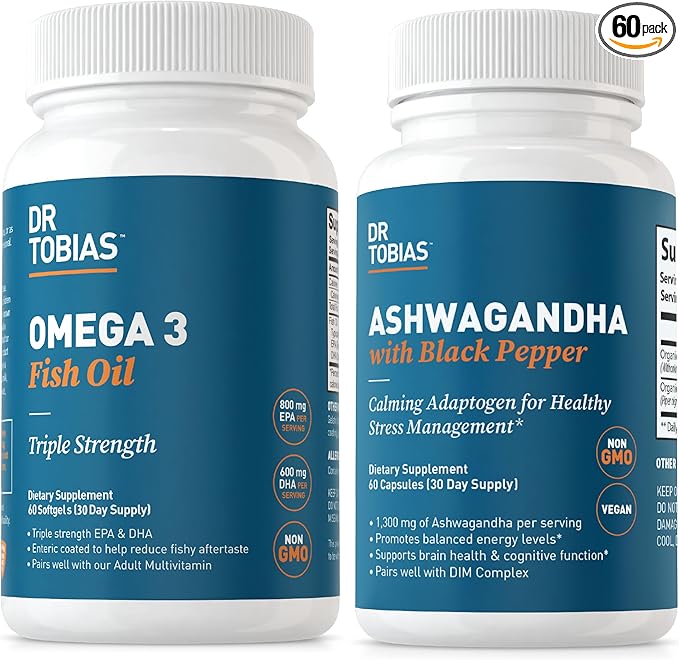 Dr. Tobias Omega 3 Fish Oil and Ashwagandha Capsules, Support Overall Wellness & Balanced Energy & Resilience, Non-GMO