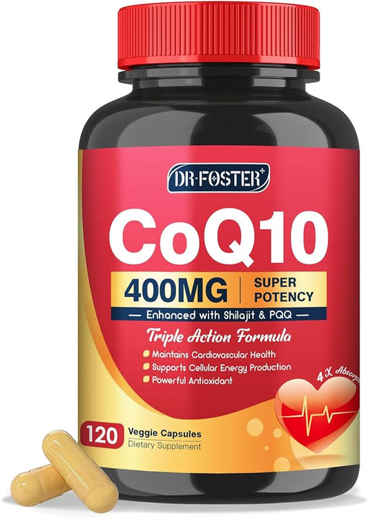 CoQ10 400mg-High Absorption Coenzyme Q10 Supplements with PQQ, Shilajit & Vitamin E, Powerful Antioxidant for Heart & Brain Health and Energy-Production 120 Veggie Capsules