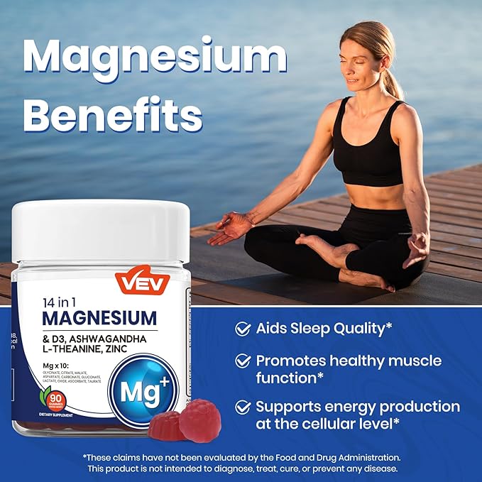 VEV Magnesium Glycinate & Citrate Gummies – Ashwagandha Gummies with D3 & Zinc – Cortisol Supplements for Women – Sugar-Free Vegan Magnesium Complex Gummies – 90 Count