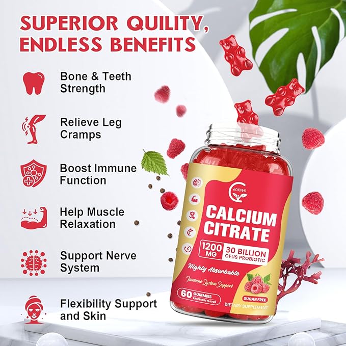 Sugar Free Calcium Citrate Gummies 1200 mg with vitamin d3, K2, Magnesium, Zinc for Bone, Muscle & Immune Support, High Absorption Calcium Supplement for Women & Men, Raspberry Flavor, 60 Chews
