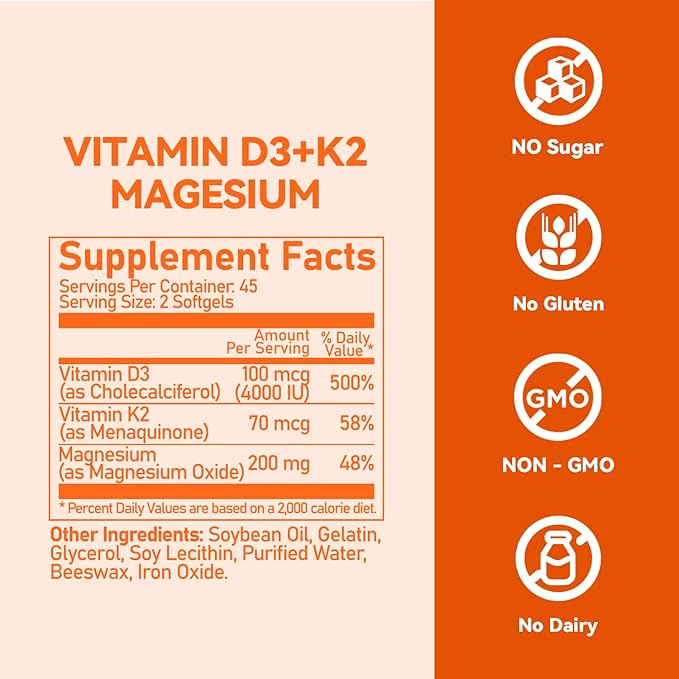 Vitamin D3 K2 4000IU with Magnesium 200mg,High Absorption Supporting Bones, Immune Support, Energy and Emotion, Gluten-Free, Sugar-Free Softgels for Women & Men,90 Softgels-Pack