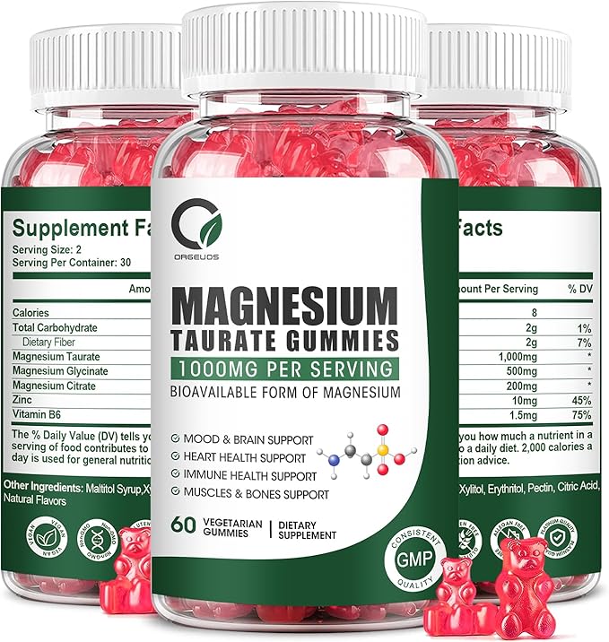 Magnesium Taurate Gummies with Magnesium Taurate, Magnesium Glycinate & Magnesium Citrate-for Heart Health, Muscles Function, Mood Support-Vegetarian, Non-GMO