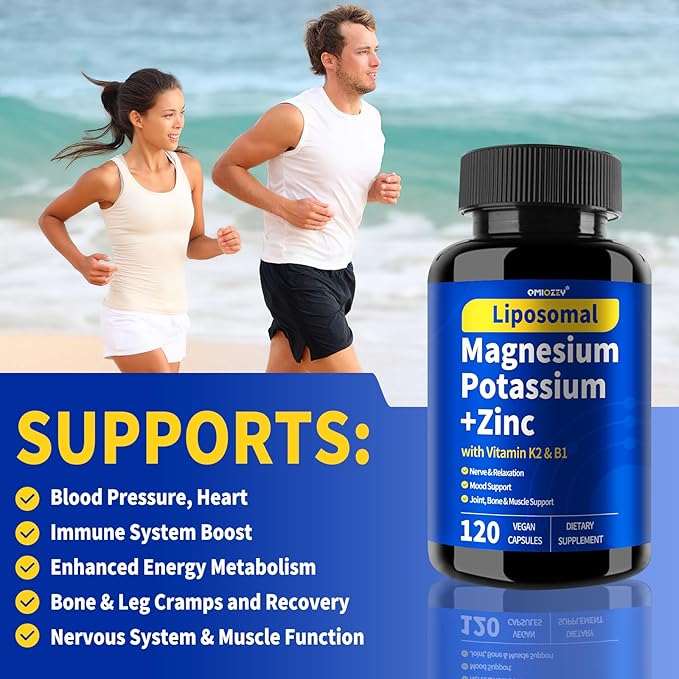 Magnesium Potassium Supplement, 1600mg Liposomal Magnesium Aspartate, Potassium Chloride, with Zinc, K2, Vitamin B1 for High Blood Pressure, Support Vascular, Bone & Leg Cramps, 120 Veg Capsules