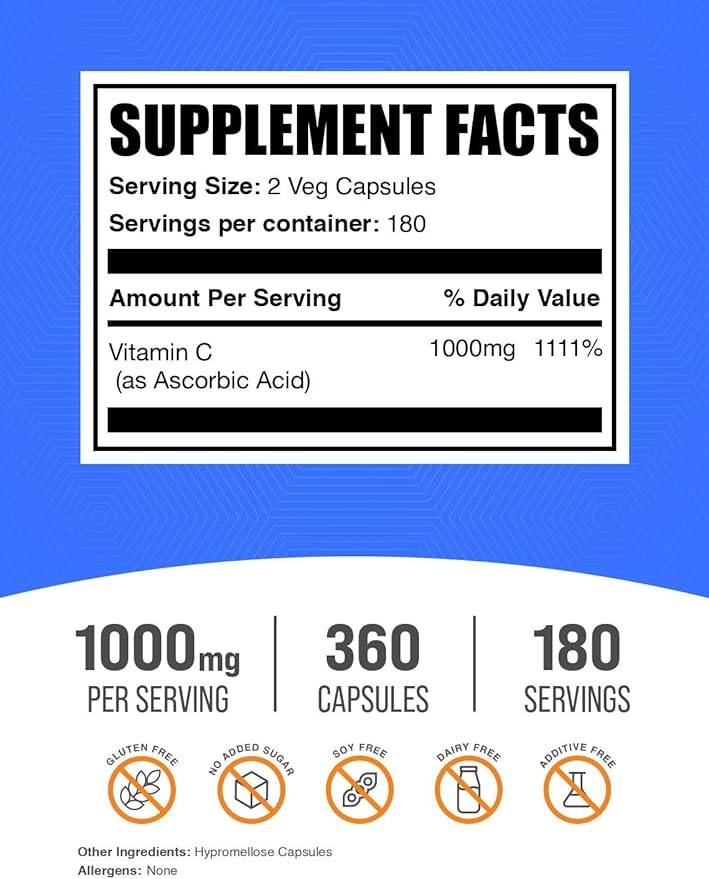 BulkSupplements.com Ascorbic Acid Capsules - Ascorbic Acid Vitamin C 1000mg, Vitamin C Supplement - Vegan & Gluten Free, 2 Capsules per Serving, 360 Count (Pack of 1)