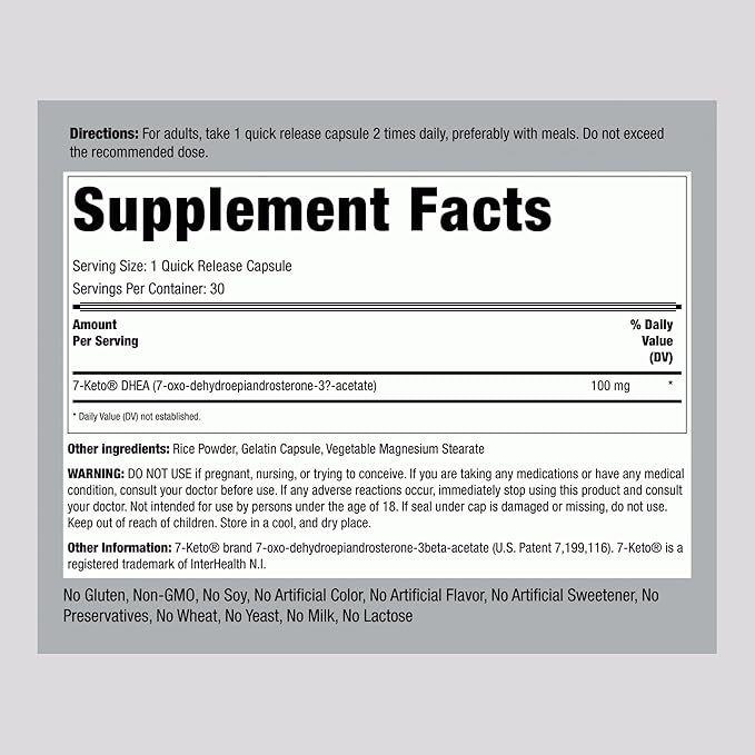 Piping Rock DHEA Supplement for Women and Men | 100mg | 30 Capsules | 7-Keto | Dehydroepiandrosterone | Non-GMO, Gluten Free