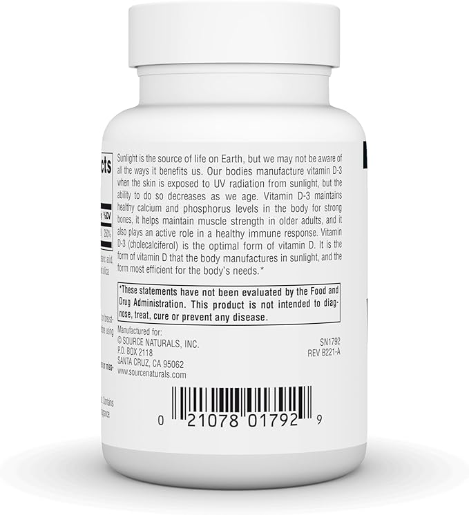 Source Naturals Vitamin D-3 Supports Bioactve Form for Bone & Immune Health 1000 iu (25 mcg) -200 Tablets