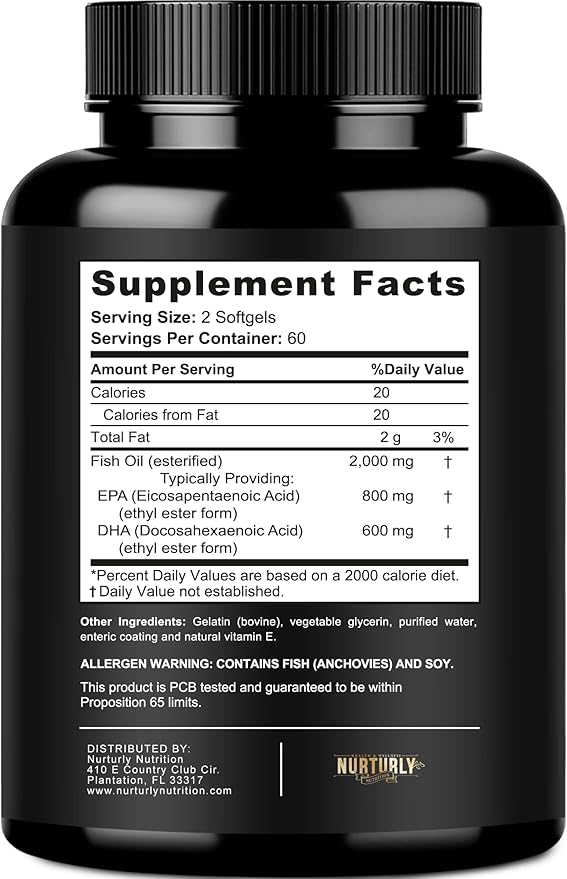 Omega 3 Fish Oil 2000mg, 800mg EPA and 600mg DHA - Enteric Coated and Burpless - Supports Brain, and Heart - Burpless, Non-GMO, 3rd Party Lab Tested and NSF Certified - 120 Softgels