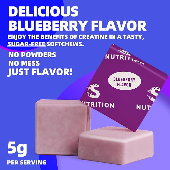 Creatine Monohydrate Soft Chews 5g for Men & Women, Preworkout Gummy with Electrolyte for Muscle Growth, Strength & Energy Support, Blueberry 60 pcs