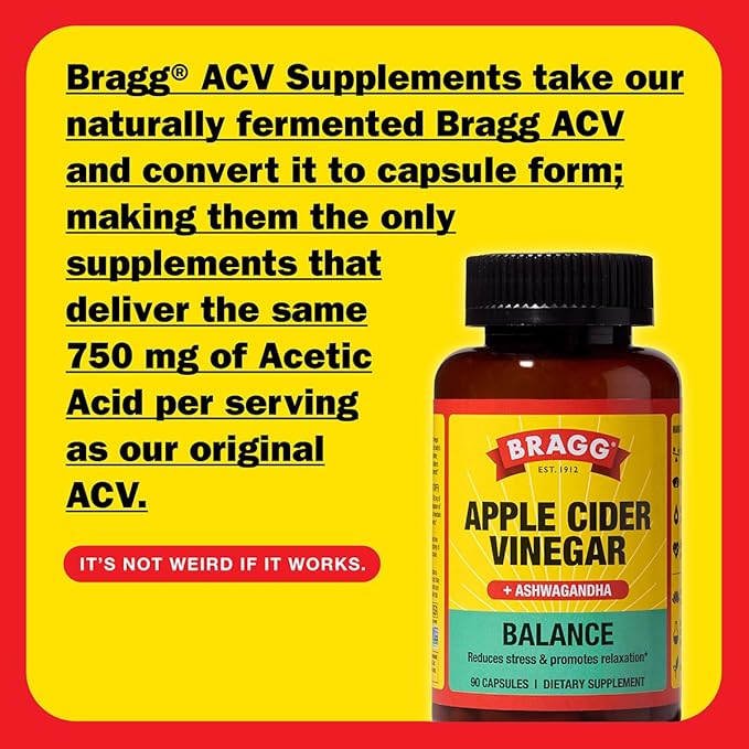 BRAGG Daily Balance Apple Cider Vinegar and Sensoril Ashwagandha Capsules - 750mg of Acetic Acid – Energy & Weight Management Support - (90 Pills)