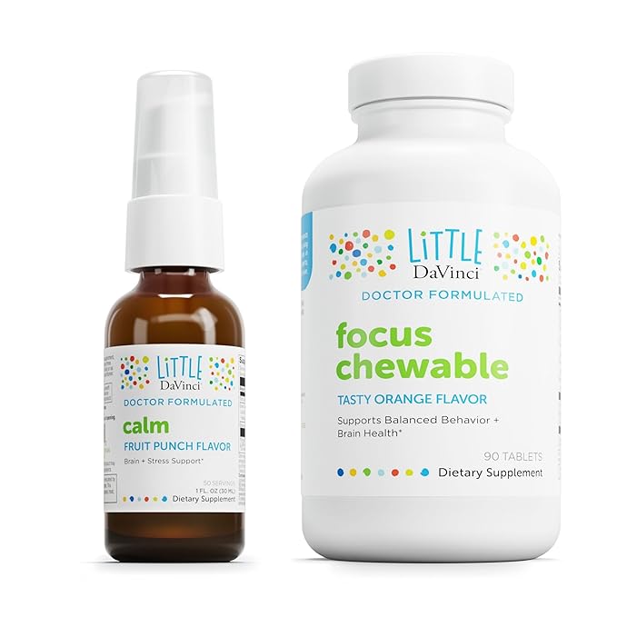 DAVINCI Little Children’s Bundle: Calm (Fruit Punch, 1oz) & Focus Chewable (Orange, 90 Tabs) - Helps Support Brain Health & Sleep for Kids*
