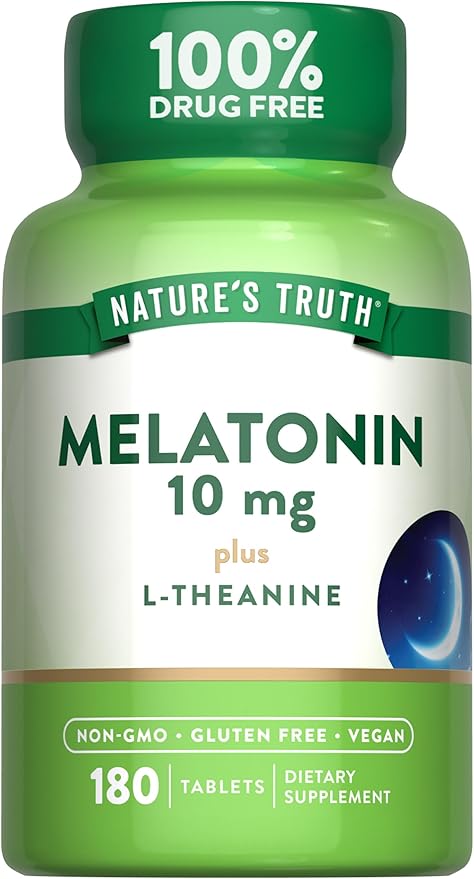 Nature's Truth Melatonin Tablets | 10mg | 180 Count | with L-Theanine | 100% Drug Free Supplement for Adults | Vegan, Non-GMO & Gluten Free Supplement