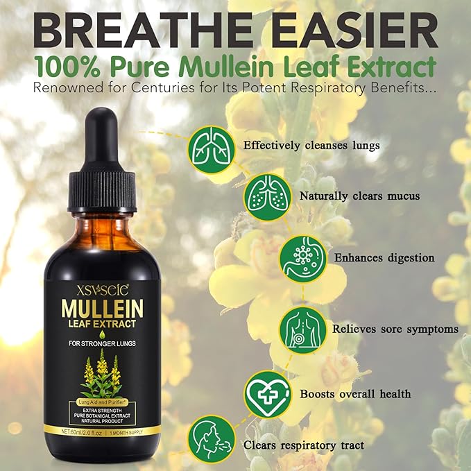Mullein Drops for Lungs, Mullein Leaf Extract for Lungs,Mullein Leaf Extract Tincture with Chlorophyll Natural Herbal Supplement Mullein Extract Drops for Lung Cleanse and Breathe Health