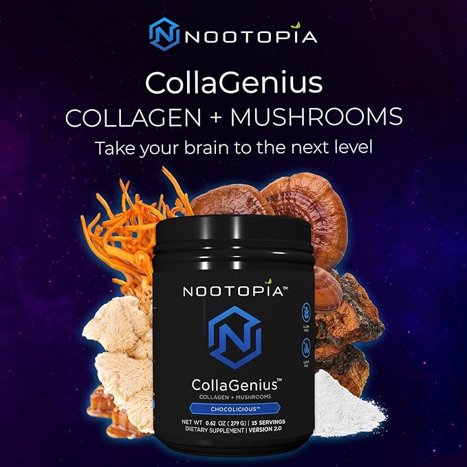 Collagenius v2.0 - Nootropic Blended Powder of 4 Mushrooms: Lions Mane, Reishi, Chaga, Cordyceps with Collagen & Superfoods - Brain Supplement (15 Servings)
