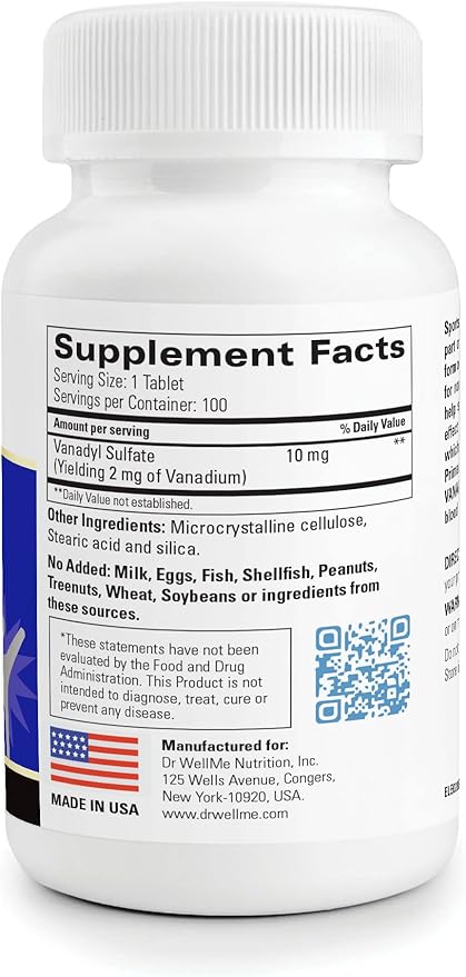 Dr.WellMe Vanadyl Sulfate Supplement 10 mg – 100 Tablets – Maintains Healthy Blood Sugar Level – Non-GMO, Gluten-Free Tablets for Blood Sugar & Glucose Support