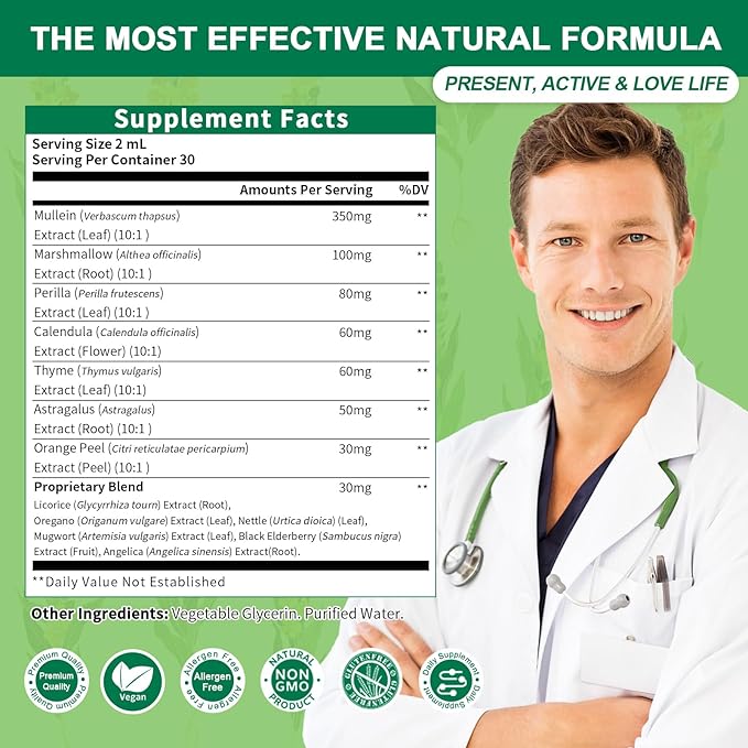 Mullein Leaf Extract Drops - 13-in-1 Botanical Extract Blend with Marshmallow Root for Wellness Support - Mullein Leaf Extract Supplement - Alcohol-Free Tincture, 2 fl oz, Apple