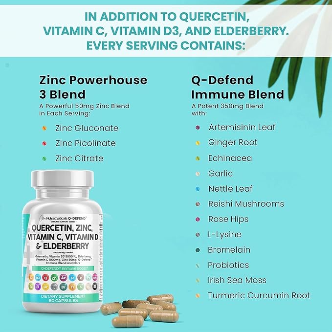 Clean Nutraceuticals Quercetin Zinc Vitamin C Vitamin D Bromelain Elderberry - Immune Defense Support Supplement Adults w Artemisinin, Sea Moss, Echinacea, Garlic Allergy Relief (5pack)