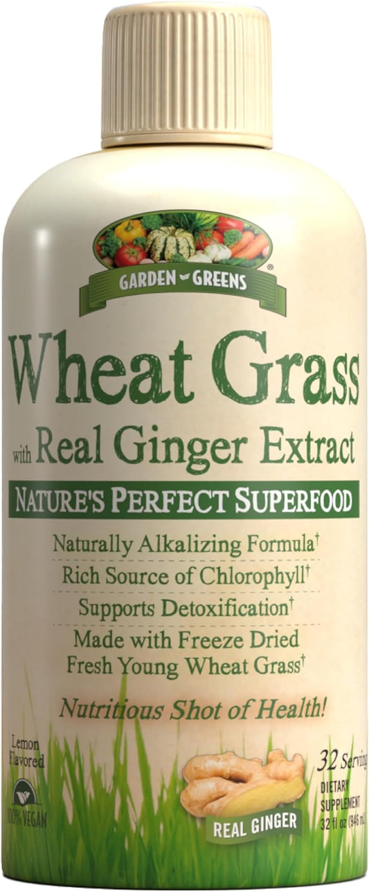 Garden Greens Wheat Grass Liquid with Real Ginger Extract, Nature's Perfect Superfood, 32 servings