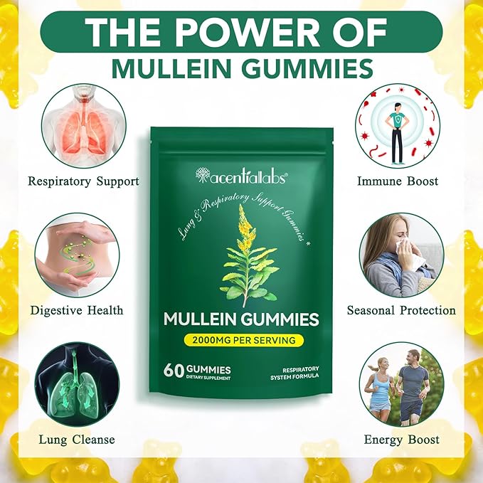 Mullein Gummies for Lung Cleanse, 2000mg Mullein Leaf Extract for Respiratory & Digestive & Immune Support, Natural Mullein Herbal Supplement for Mucus Relief with Chlorophyll (60 Gummies)