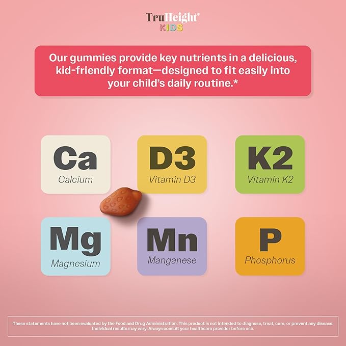 TruHeight Kids Bone Growth Gummies (Strawberry, Ages 2+) All Natural Kids & Toddler Vitamins - Vitamin D, Calcium, K2, Magnesium Multivitamin - Natural Growth & Development, Builds Strong Bones, Vegan